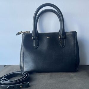 Ralph Lauren mini Black saffiano Leather Satchel with detachable strap.